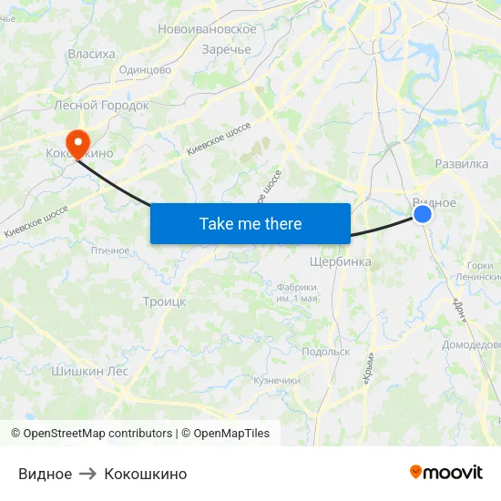 Видное to Кокошкино map