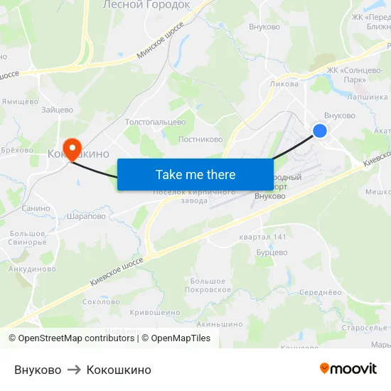 Внуково to Кокошкино map