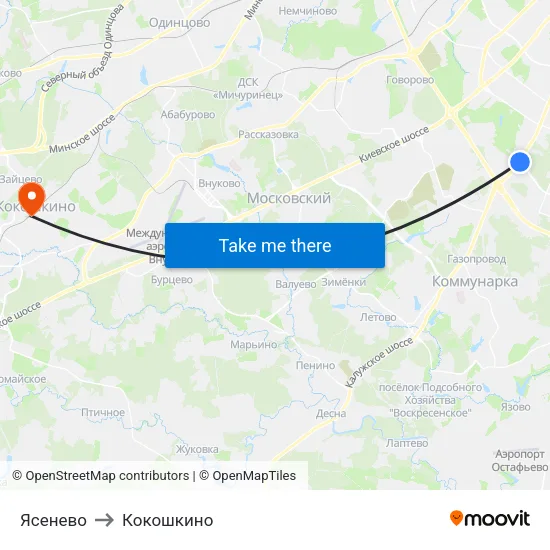 Ясенево to Кокошкино map