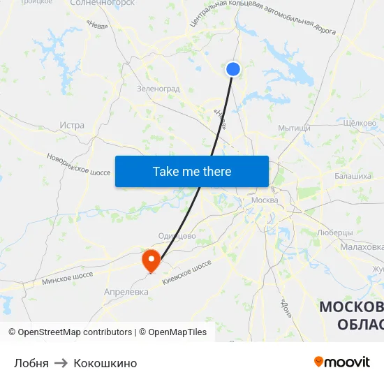 Лобня to Кокошкино map