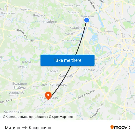 Митино to Кокошкино map