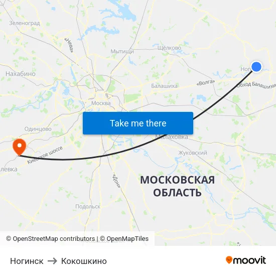 Ногинск to Кокошкино map