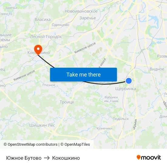 Южное Бутово to Кокошкино map