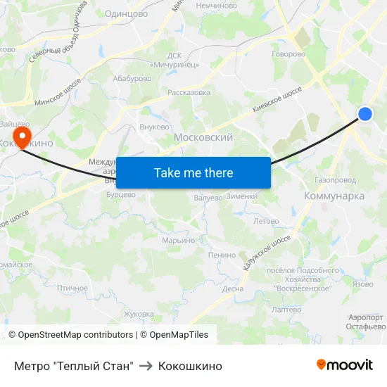 Метро "Теплый Стан" to Кокошкино map