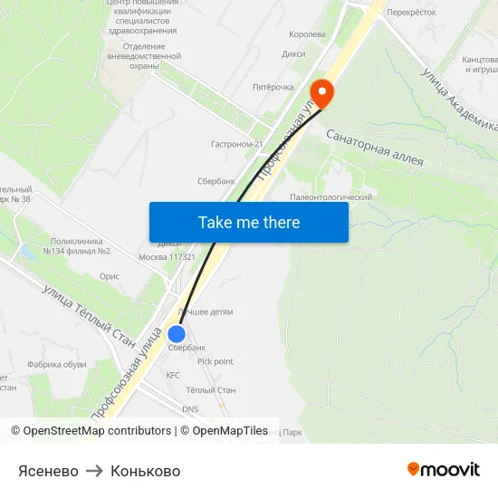 Ясенево to Коньково map