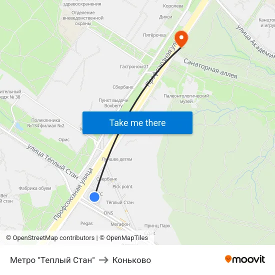 Метро "Теплый Стан" to Коньково map