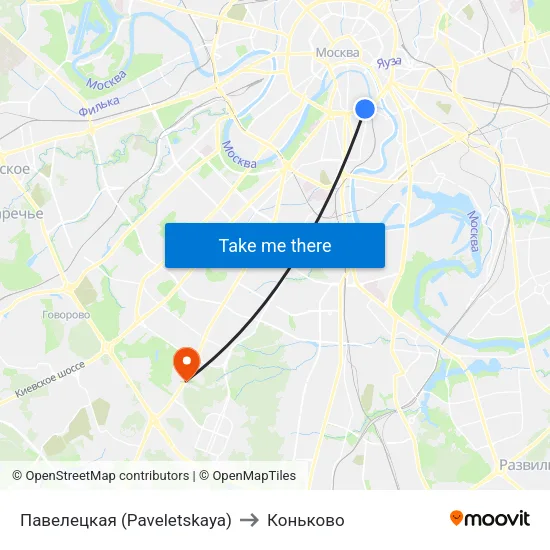 Павелецкая (Paveletskaya) to Коньково map