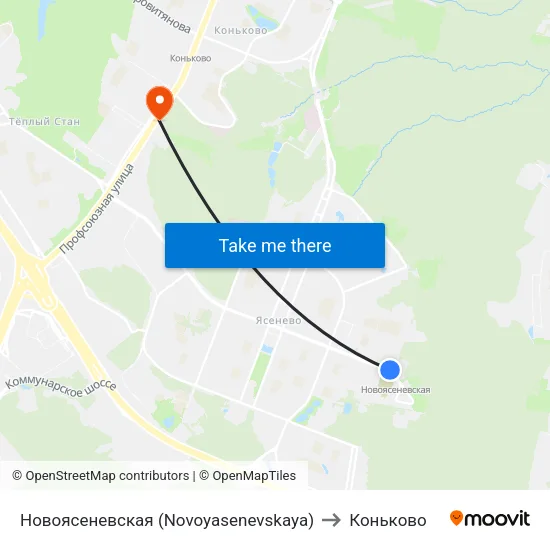 Новоясеневская (Novoyasenevskaya) to Коньково map