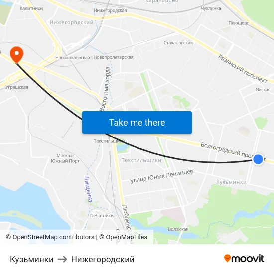 Кузьминки to Нижегородский map