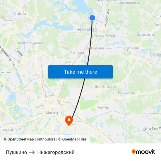 Пушкино to Нижегородский map