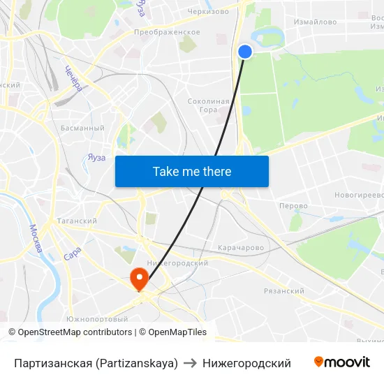 Партизанская (Partizanskaya) to Нижегородский map