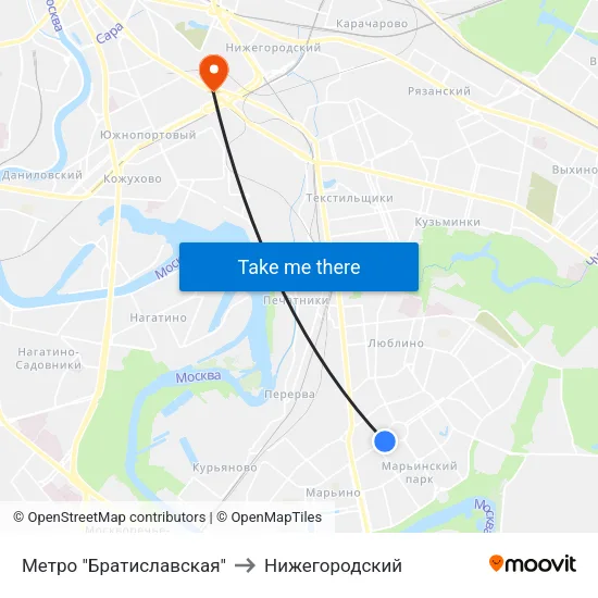 Метро "Братиславская" to Нижегородский map