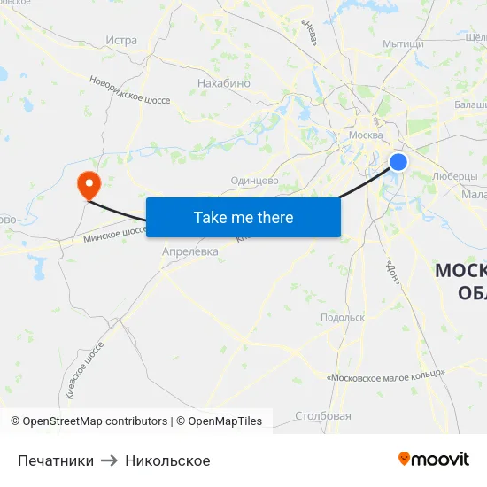 Печатники to Никольское map