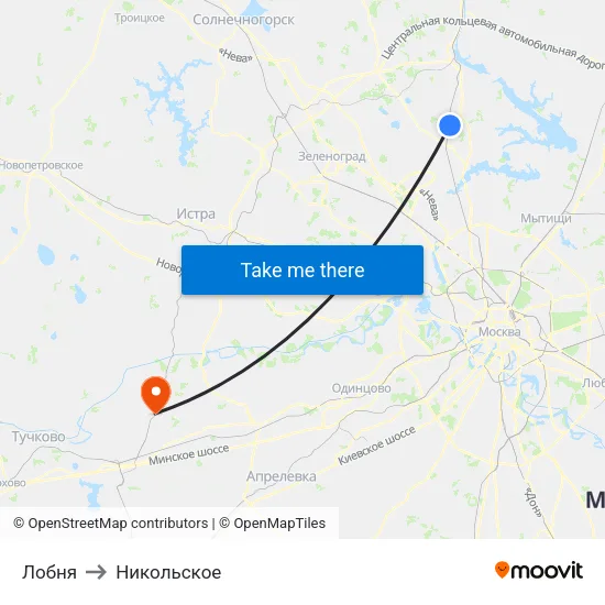 Лобня to Никольское map