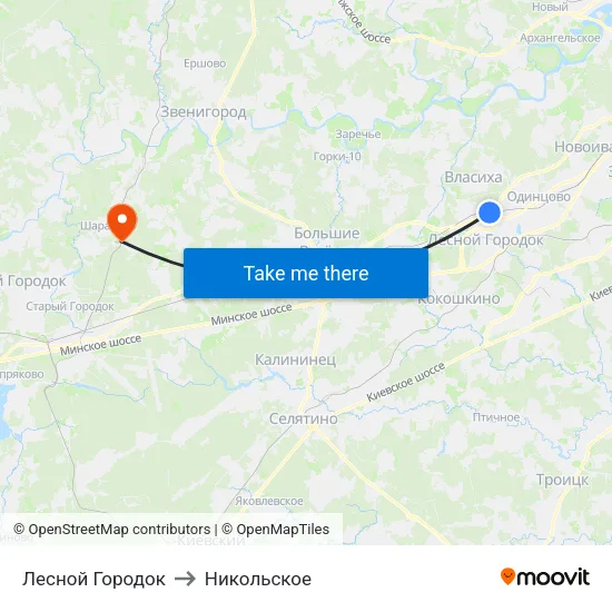 Лесной Городок to Никольское map
