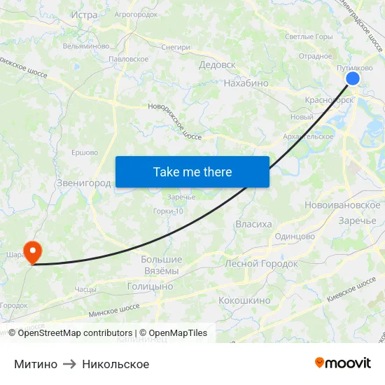 Митино to Никольское map