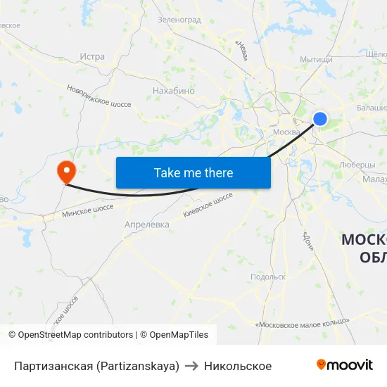 Партизанская (Partizanskaya) to Никольское map