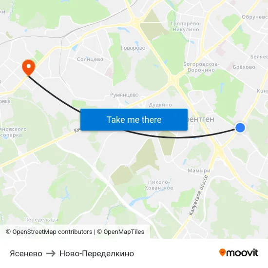Ясенево to Ново-Переделкино map