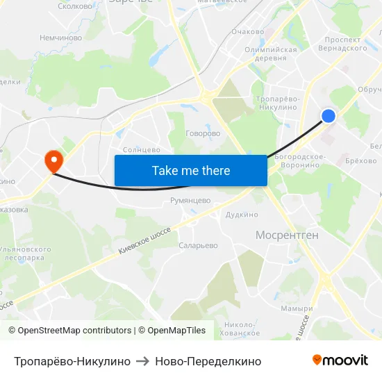 Тропарёво-Никулино to Ново-Переделкино map