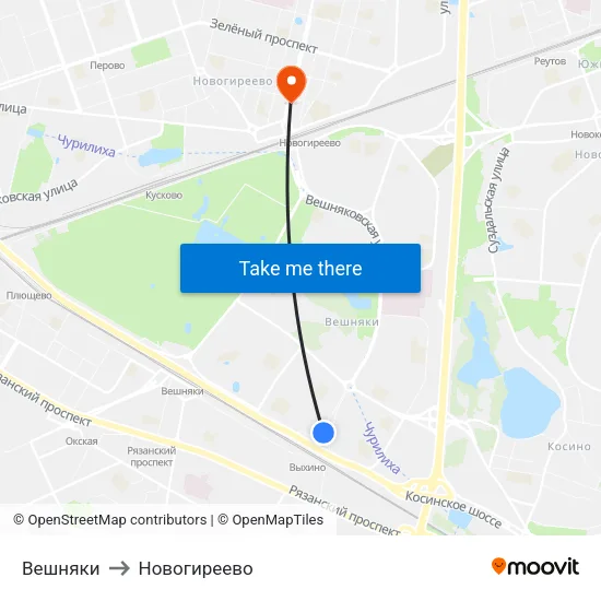 Вешняки to Новогиреево map