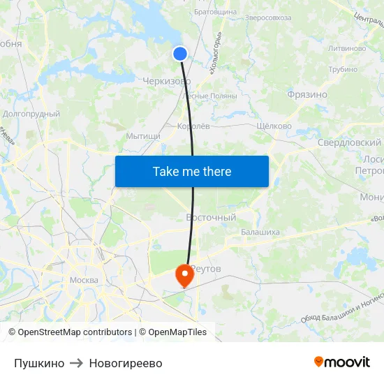 Пушкино to Новогиреево map