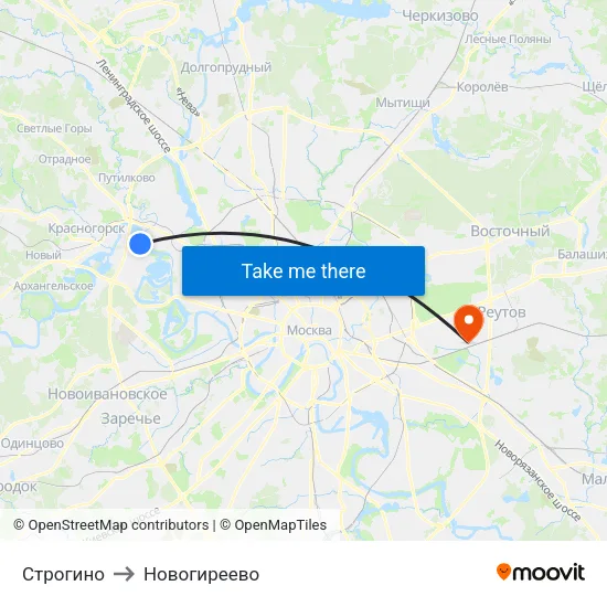 Строгино to Новогиреево map