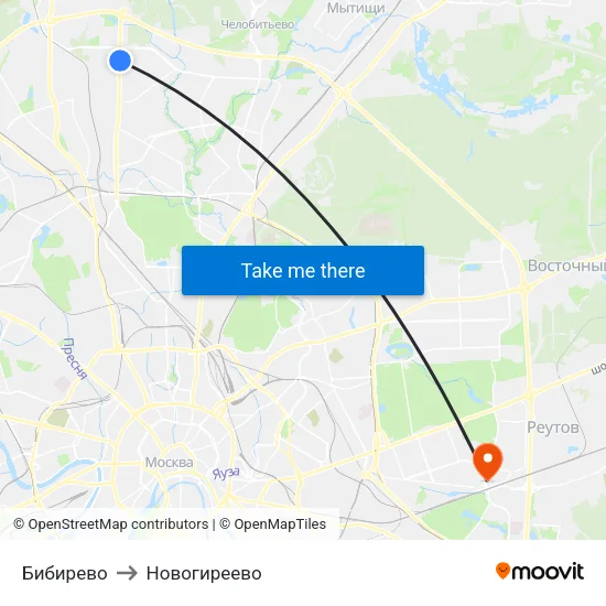 Бибирево to Новогиреево map