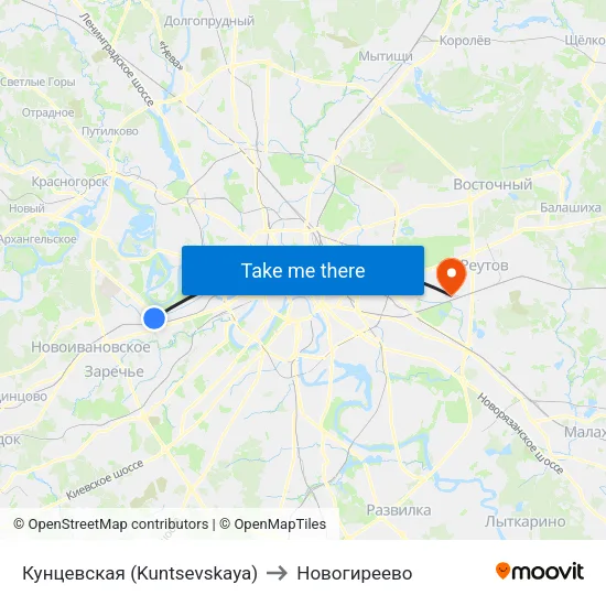 Кунцевская (Kuntsevskaya) to Новогиреево map