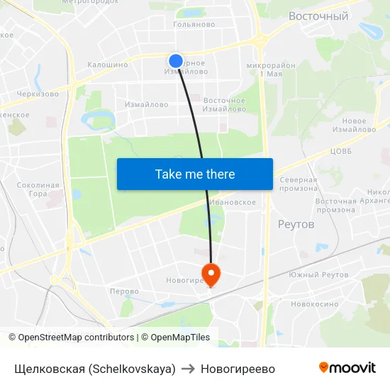 Щелковская (Schelkovskaya) to Новогиреево map