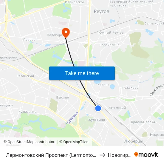 Лермонтовский Проспект (Lermontovsky Prospekt) to Новогиреево map