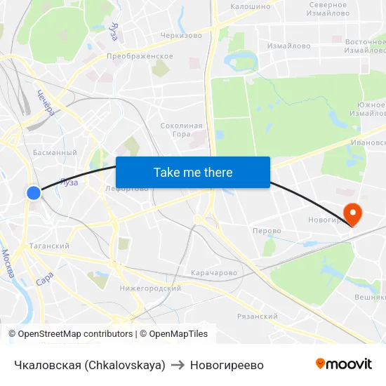 Чкаловская (Chkalovskaya) to Новогиреево map