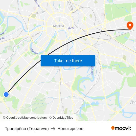 Тропарёво (Troparevo) to Новогиреево map