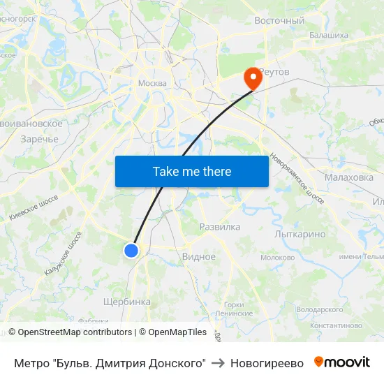 Метро "Бульв. Дмитрия Донского" to Новогиреево map