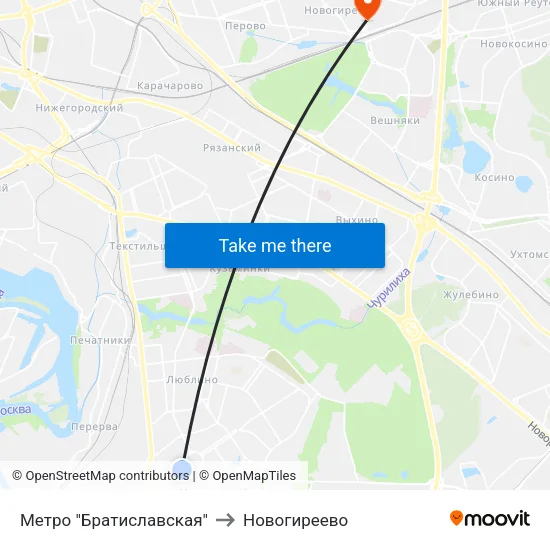 Метро "Братиславская" to Новогиреево map