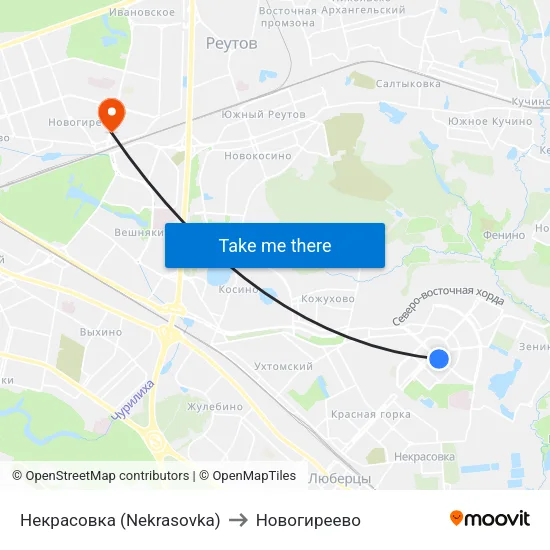 Некрасовка (Nekrasovka) to Новогиреево map