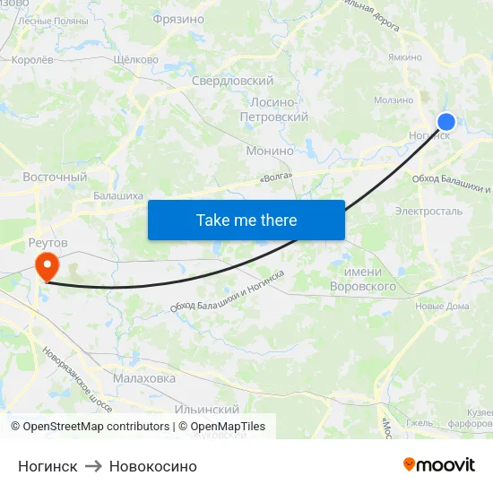 Ногинск to Новокосино map