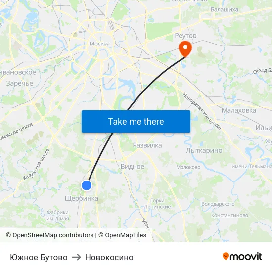 Южное Бутово to Новокосино map