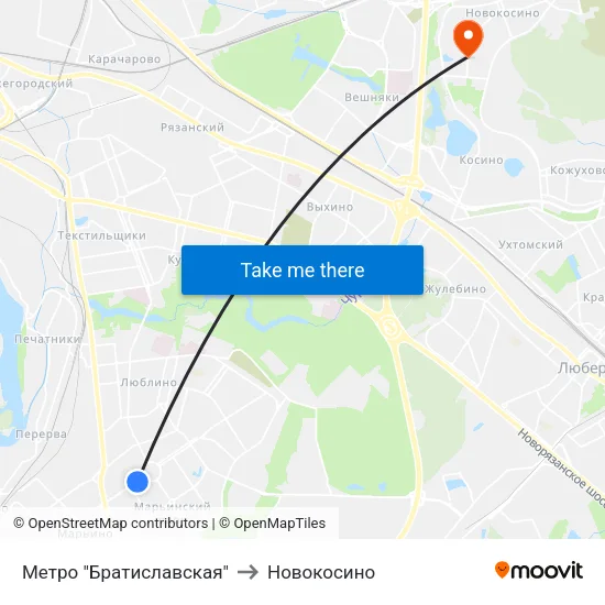 Метро "Братиславская" to Новокосино map