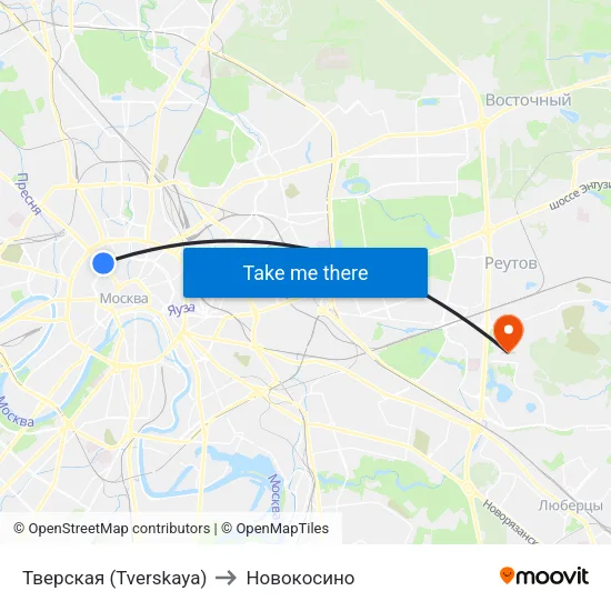 Тверская (Tverskaya) to Новокосино map