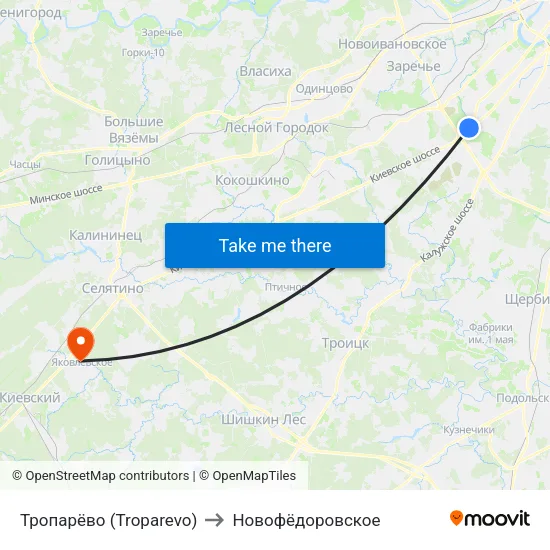 Тропарёво (Troparevo) to Новофёдоровское map
