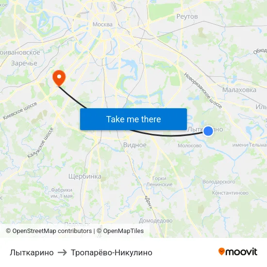 Лыткарино to Тропарёво-Никулино map
