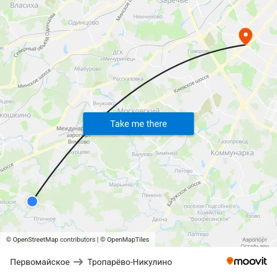 Первомайское to Тропарёво-Никулино map