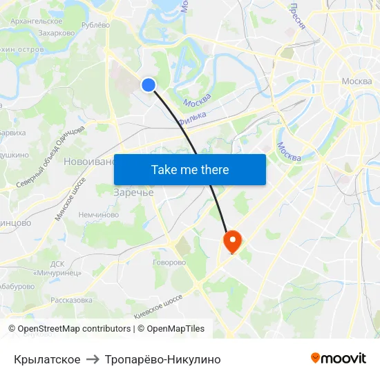 Крылатское to Тропарёво-Никулино map