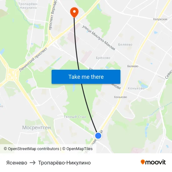 Ясенево to Тропарёво-Никулино map
