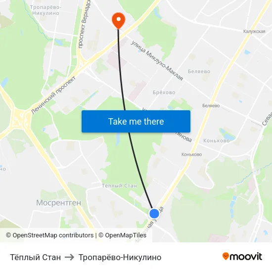 Тёплый Стан to Тропарёво-Никулино map