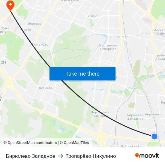 Бирюлёво Западное to Тропарёво-Никулино map