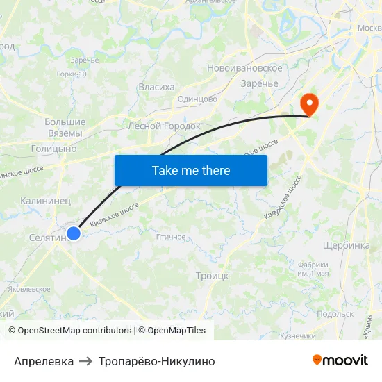 Апрелевка to Тропарёво-Никулино map