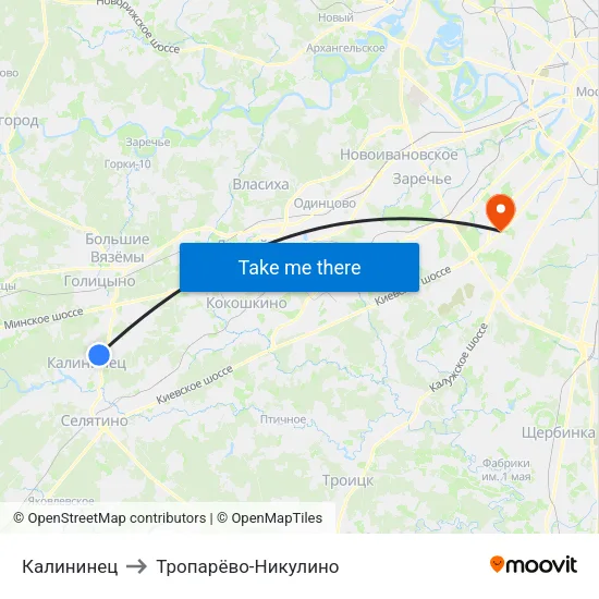 Калининец to Тропарёво-Никулино map
