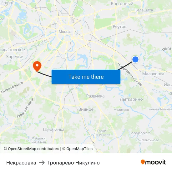 Некрасовка to Тропарёво-Никулино map