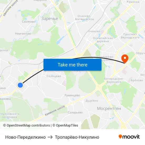 Ново-Переделкино to Тропарёво-Никулино map